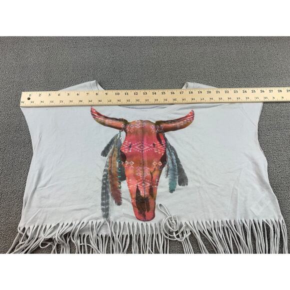 Forever 21 Women M White Western Bull Skull Graphic Fringe Cropped T-Shirt - Picture 5 of 9